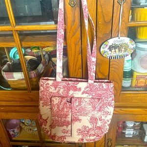 Toile Carpetbagger Purse, Red and Offwhite, Pink Gingham inside,Numerous pockets